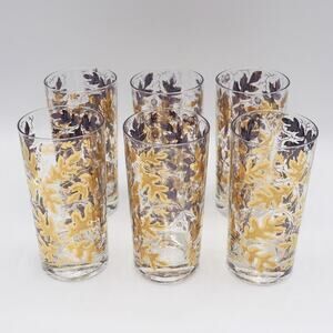 MCM Highball Glasses Oak Leaves & Acorns Barware Mid Century Modern Bar Set of 6